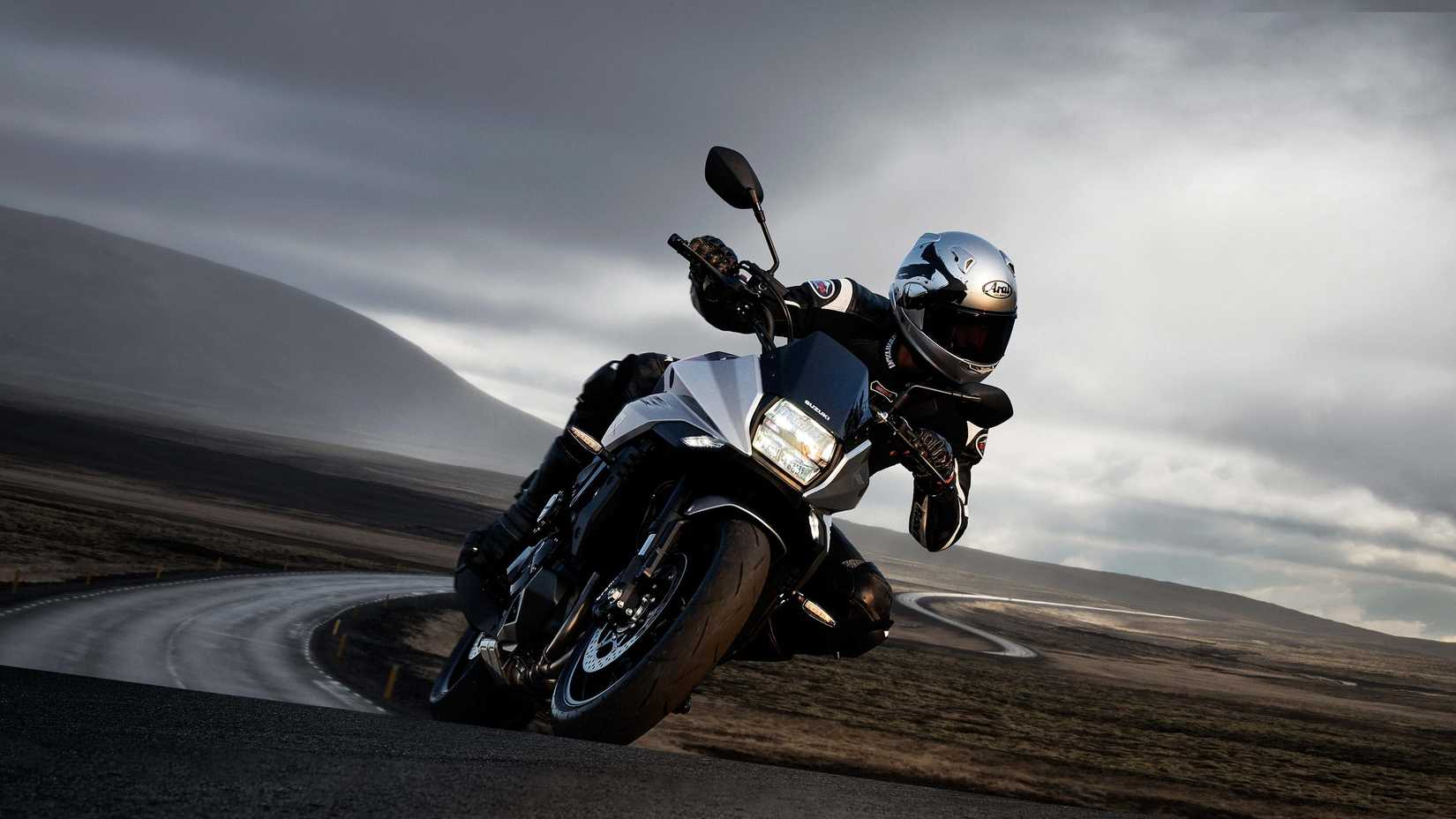 Silver 2020 Suzuki Katana rounding a bend