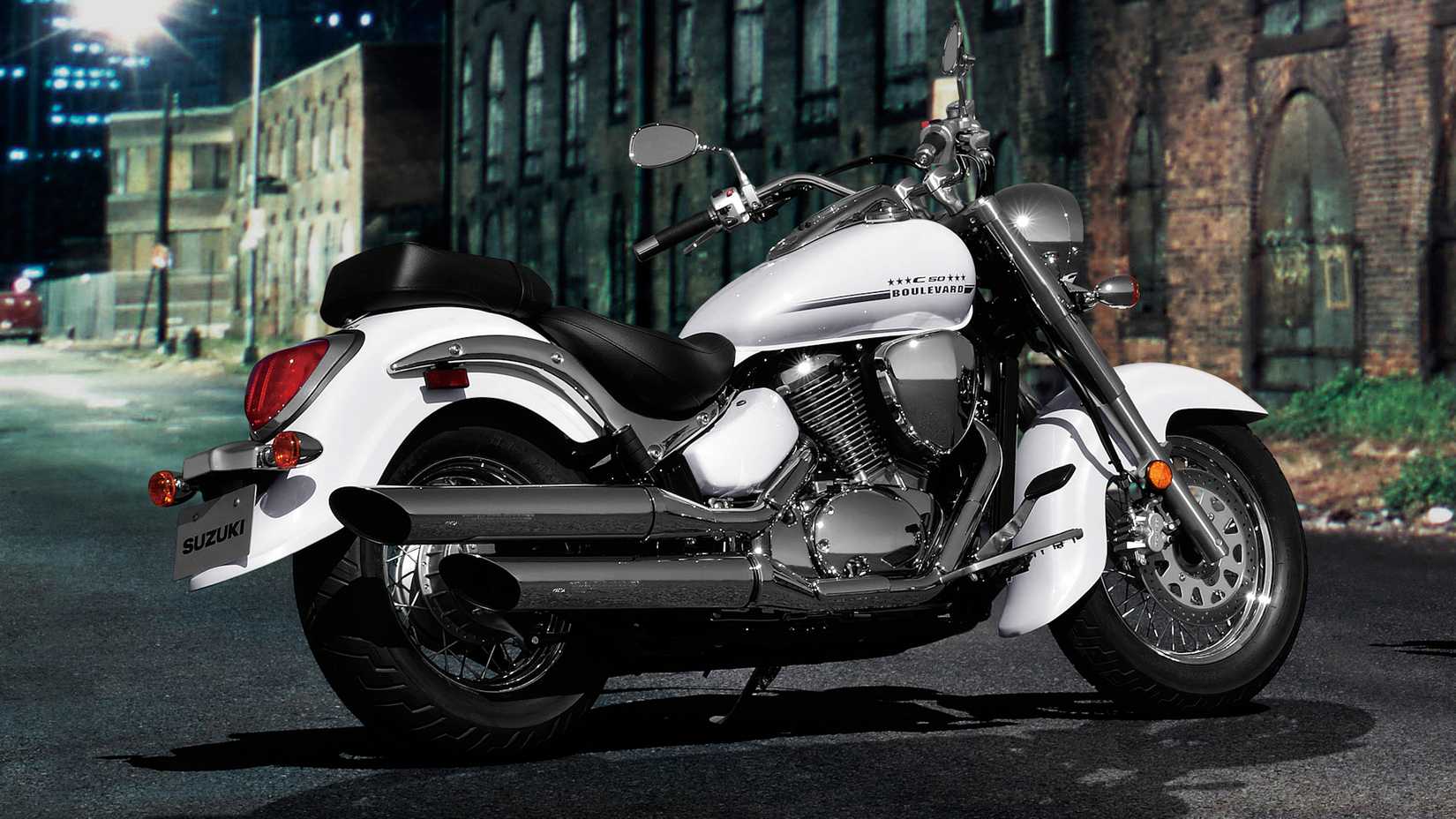 Static rear shot of a white 2016 Suzuki Boulevard C50