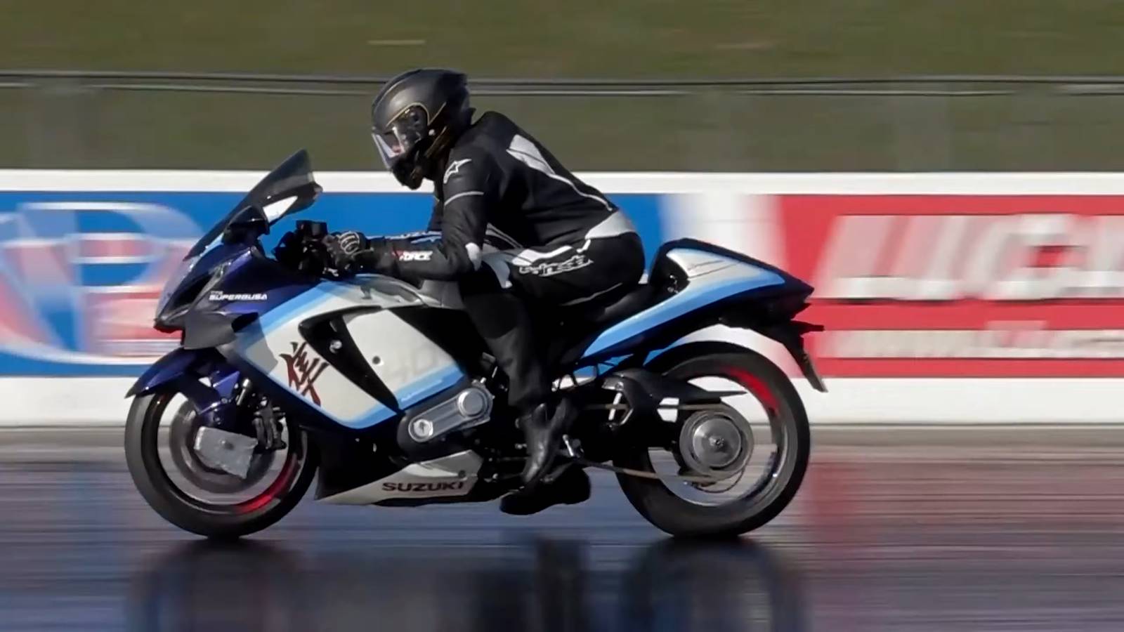 Watch A 370-HP Supercharged Suzuki Hayabusa Annihilate A Drag Strip
