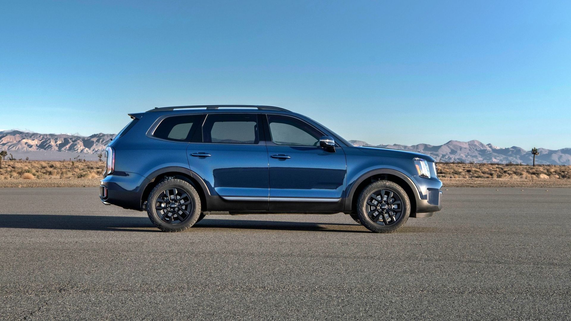 A blue Kia Telluride from the side
