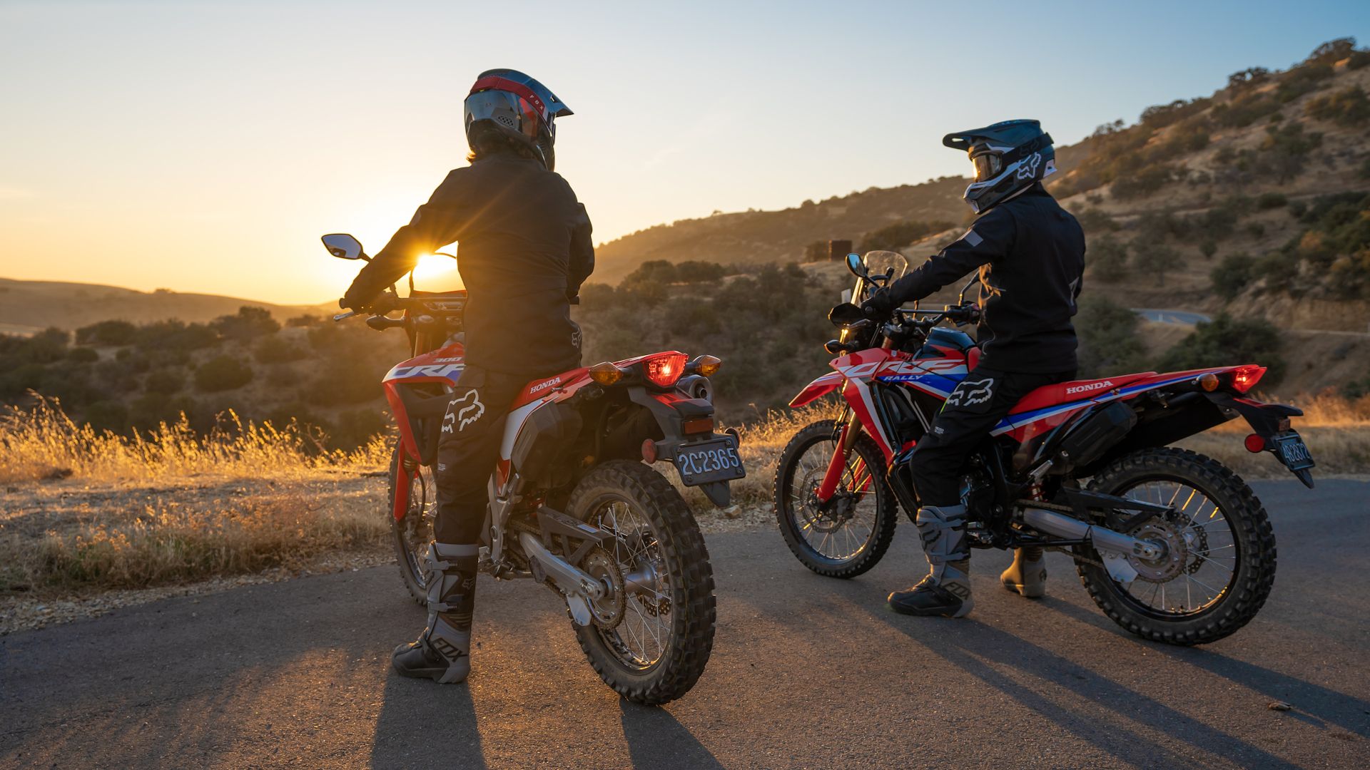 Riders on red 2021 Honda CRF300L and CRF300L Rally watching sunset