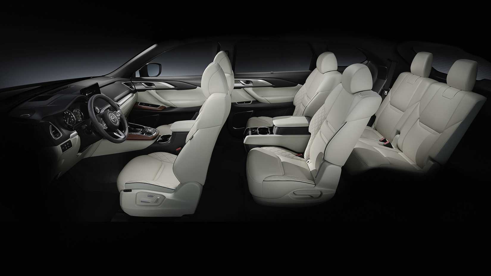 A side-view shot of the three-row seating in a Mazda CX-9