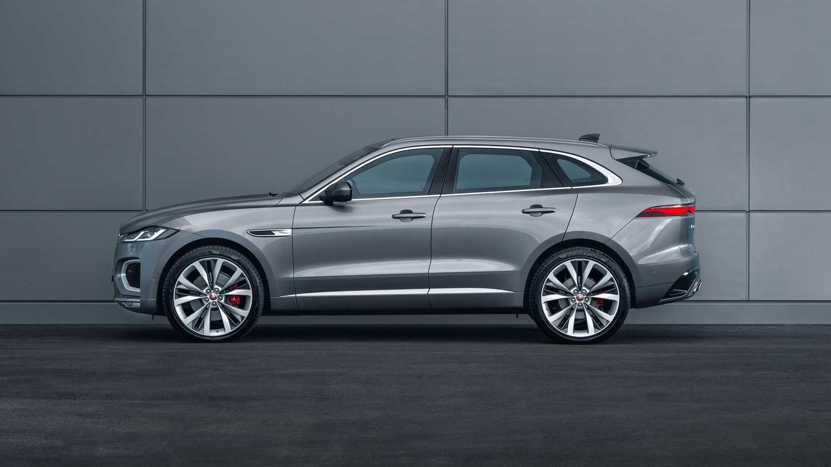 A side profile shot of a Silver 2021 Jaguar F-Pace