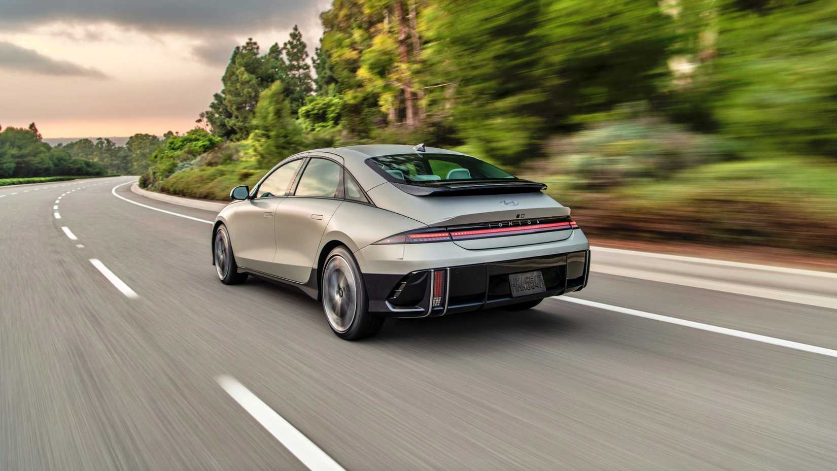 Silver Hyundai Ioniq 6 rear shot driving