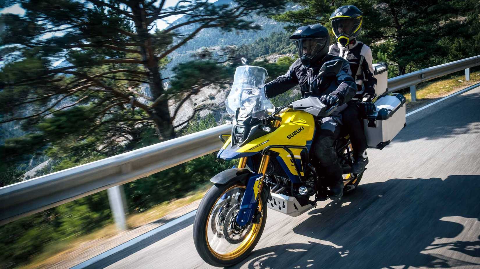 Accessorized 2023 Suzuki V-Strom 800DE Adventure cruising on the highway