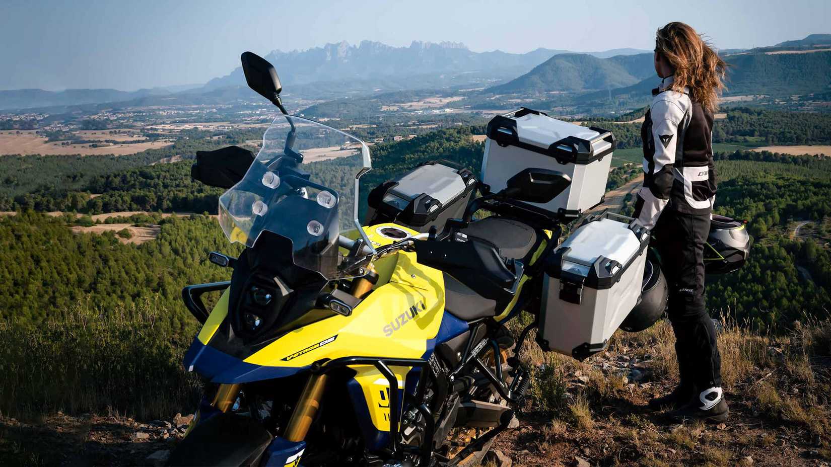 Accessorized 2023 Suzuki V-Strom 800DE Adventure on a hilltop