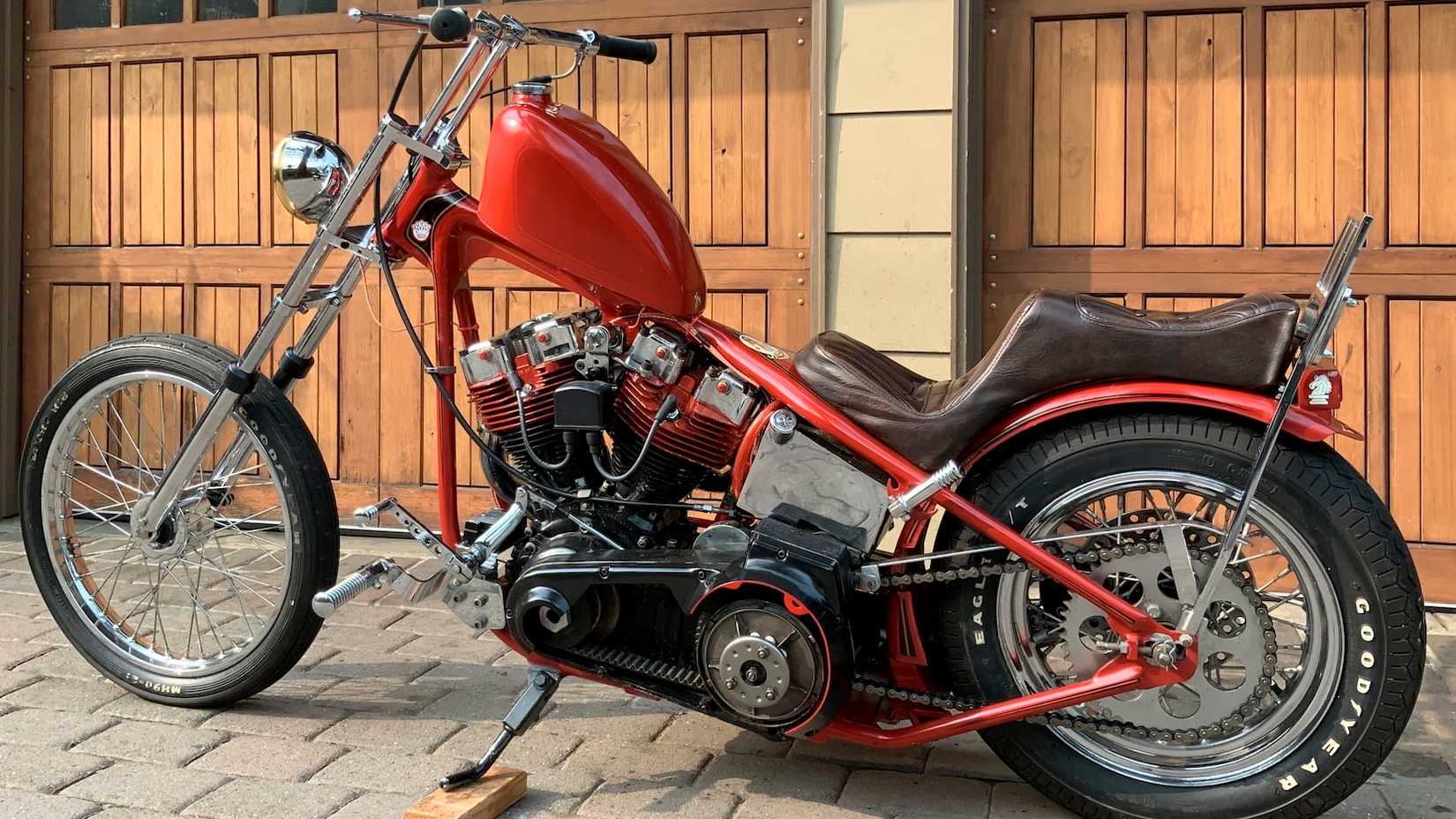 Red custom Harley Chopper.