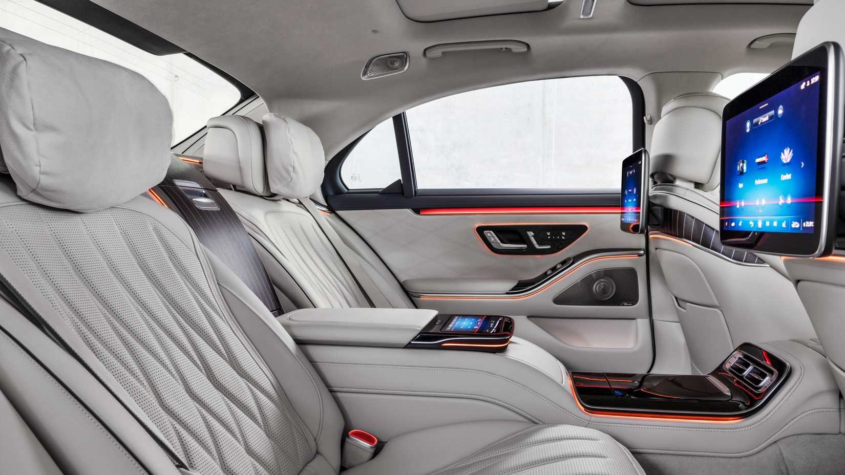 A shot of the rear seats in a Mercedes-Benz S-Class