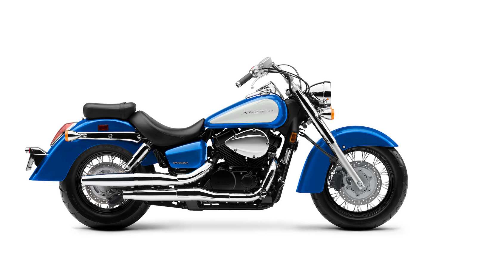 Honda Shadow Aero in blue side profile view