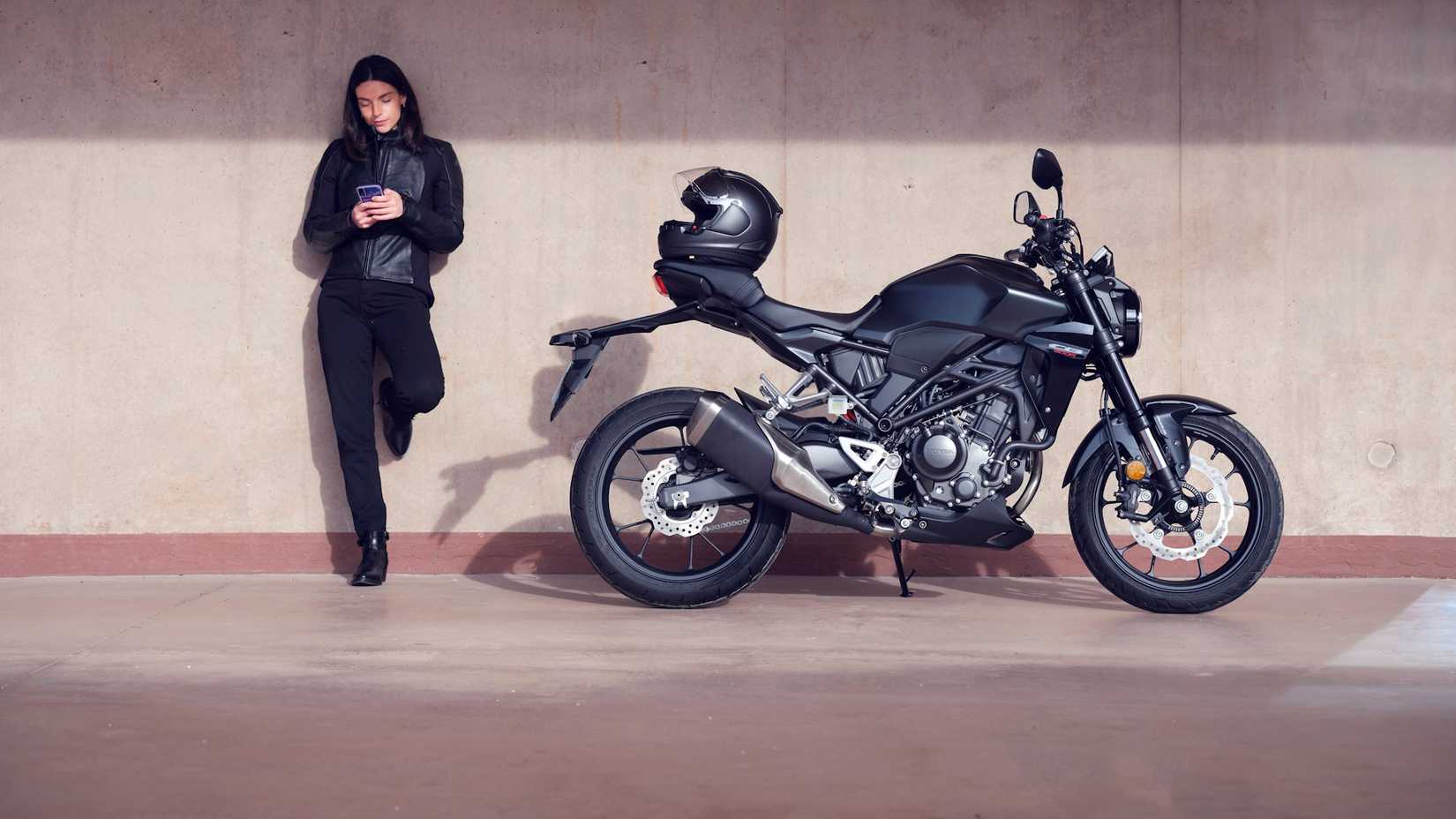 Black 2022 Honda CB300R on the kickstand