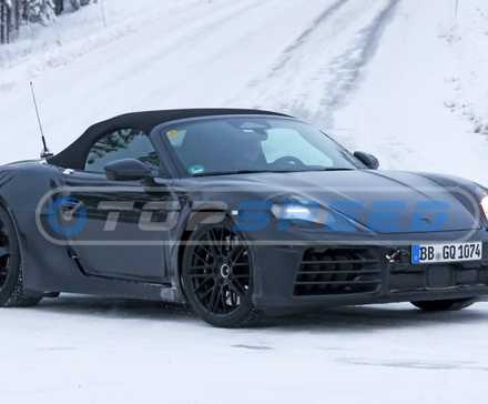 A 2025 Porsche 718 Boxster EV being tested in the snow