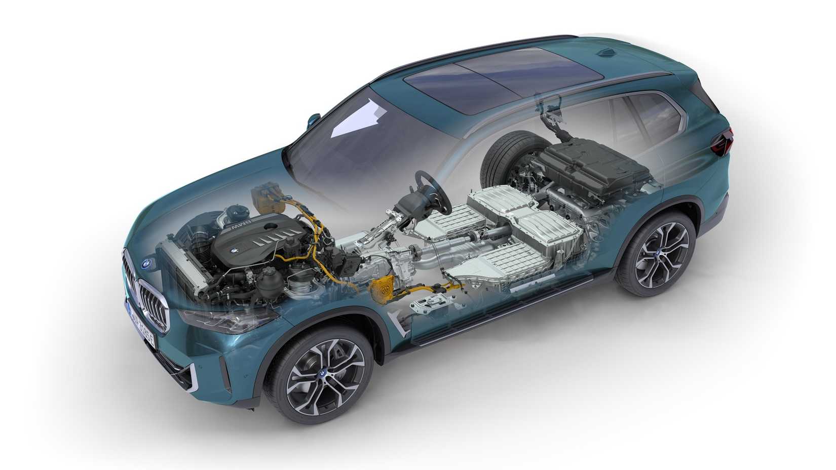A rendering of the powertrain of the 2024 BMW X5 PHEV
