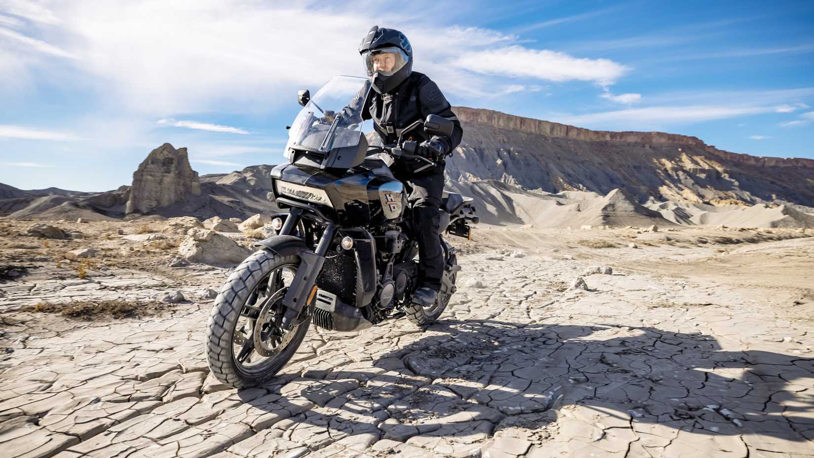 Black 2021 Harley-Davidson Pan America 1250 ride in the desert