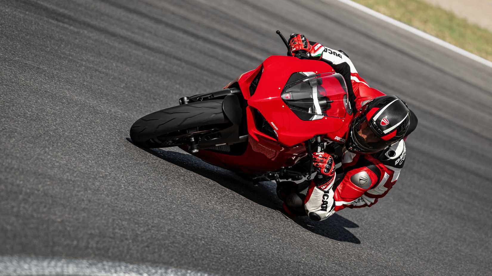 Red 2020 Ducati Panigale V2 leaning into a curve