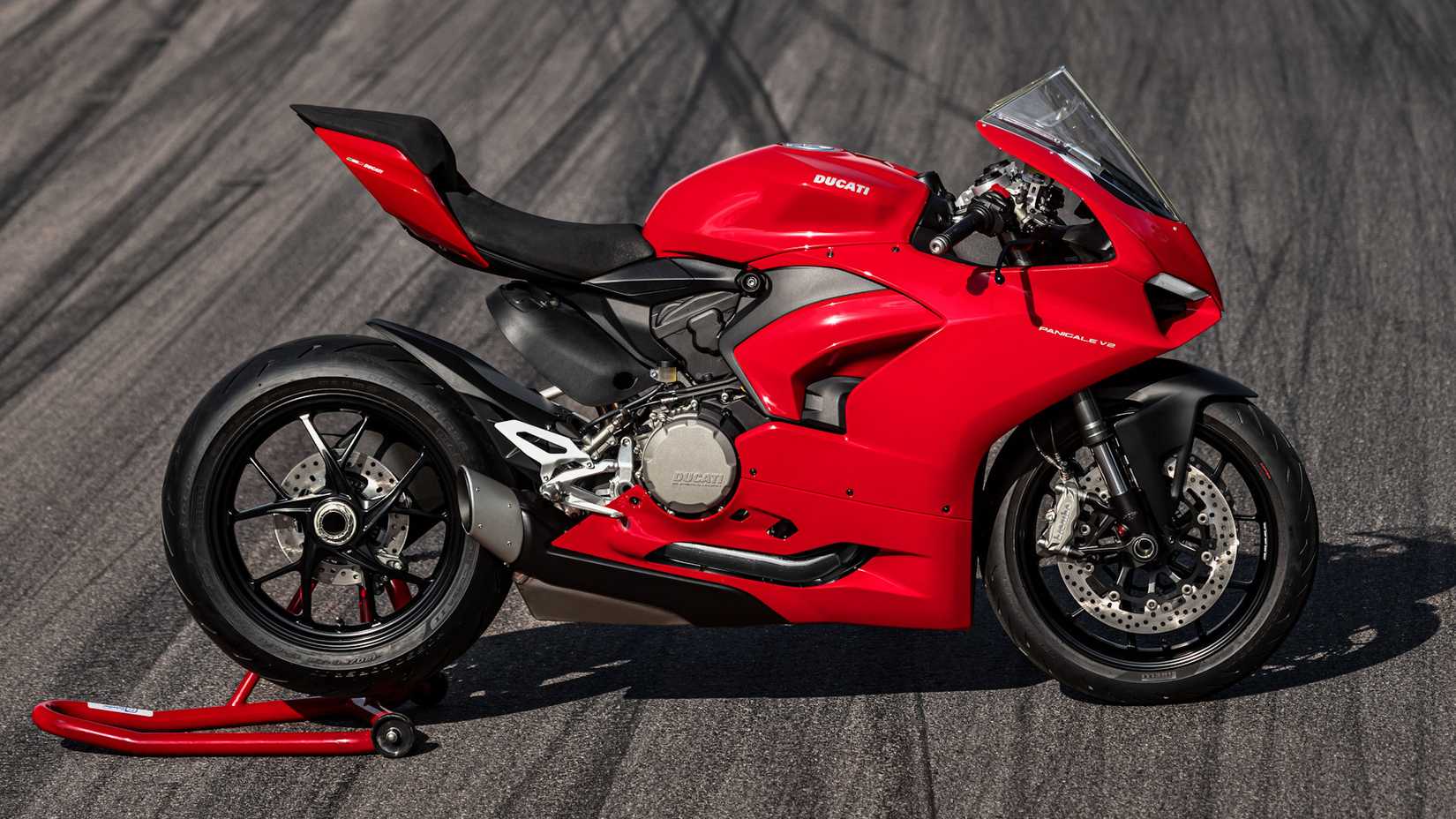 Red 2020 Ducati Panigale V2 on the stand