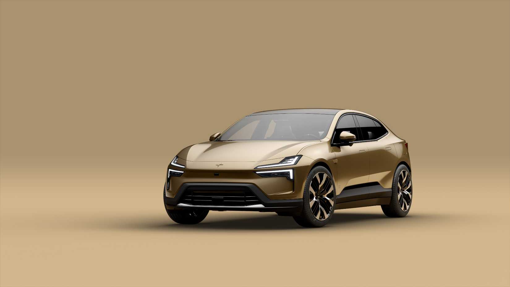 Front three-quarters shot of a gold Polestar 4 in studio