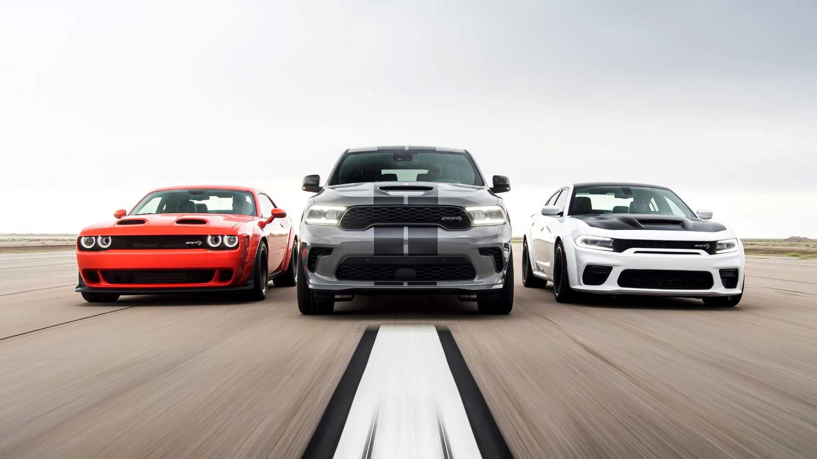 Wide shot of the 2021 Dodge Durango SRT Hellcat, 2021 Dodge Challenger, and 2021 Dodge Charger SRT Hellcat