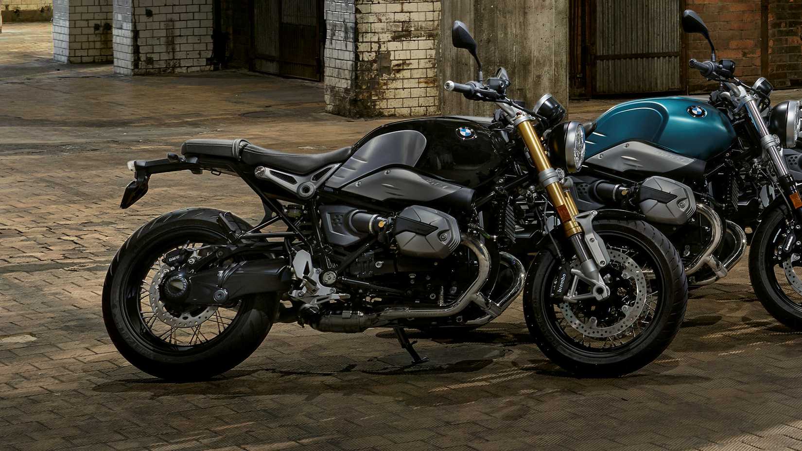 Black 2021 BMW R nineT parked in a warehouse