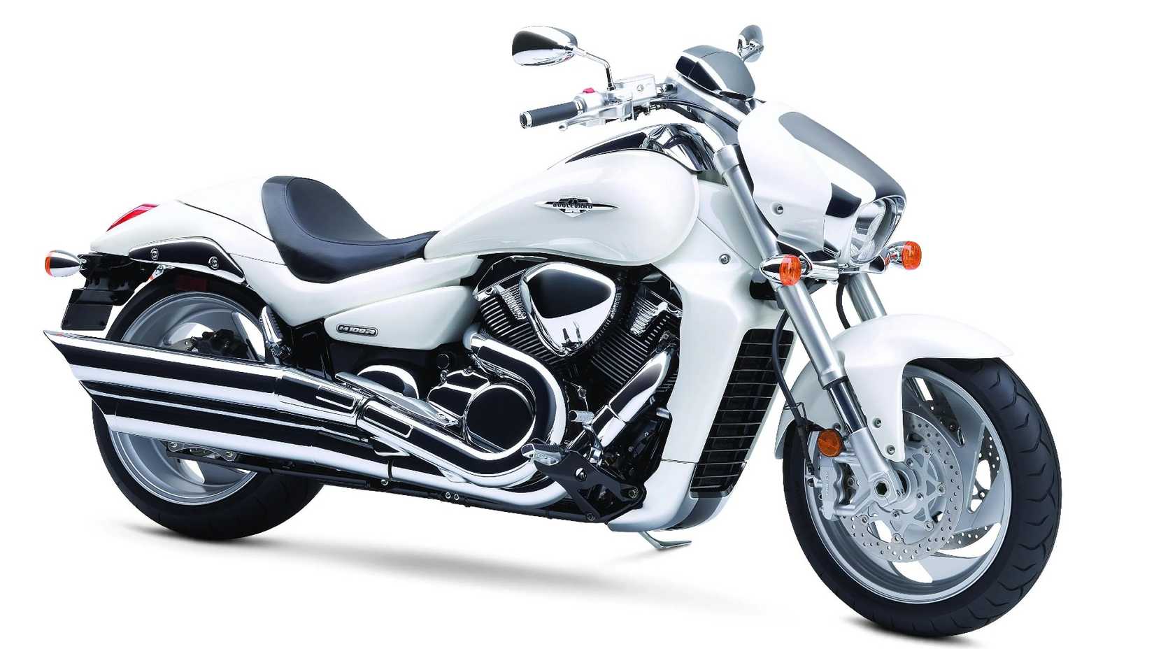 Image of a white Suzuki Boulevard M109R cruiser motorcycle