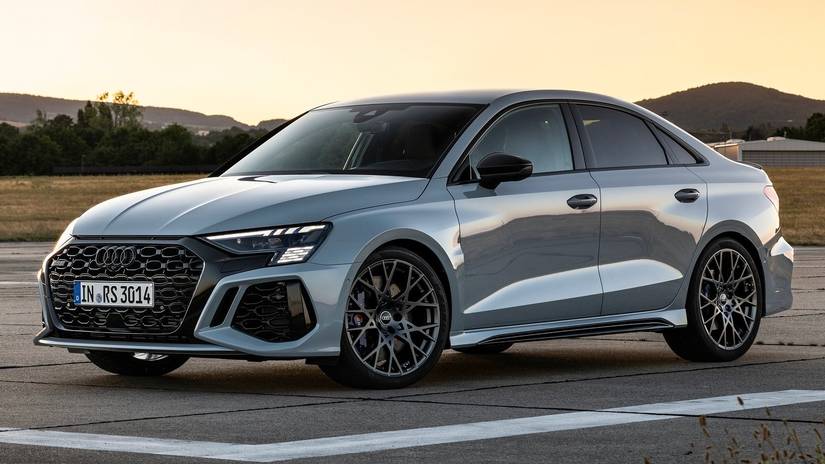 Front 3/4 of a gray Audi RS3 Sedan
