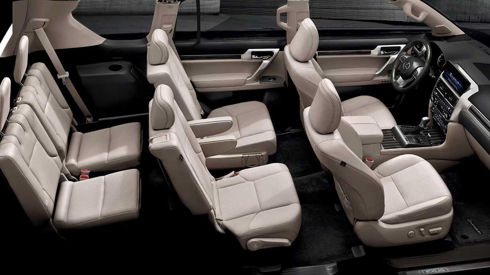 6-seat configuration in a beige Lexus GX 460 interior with captain seats.