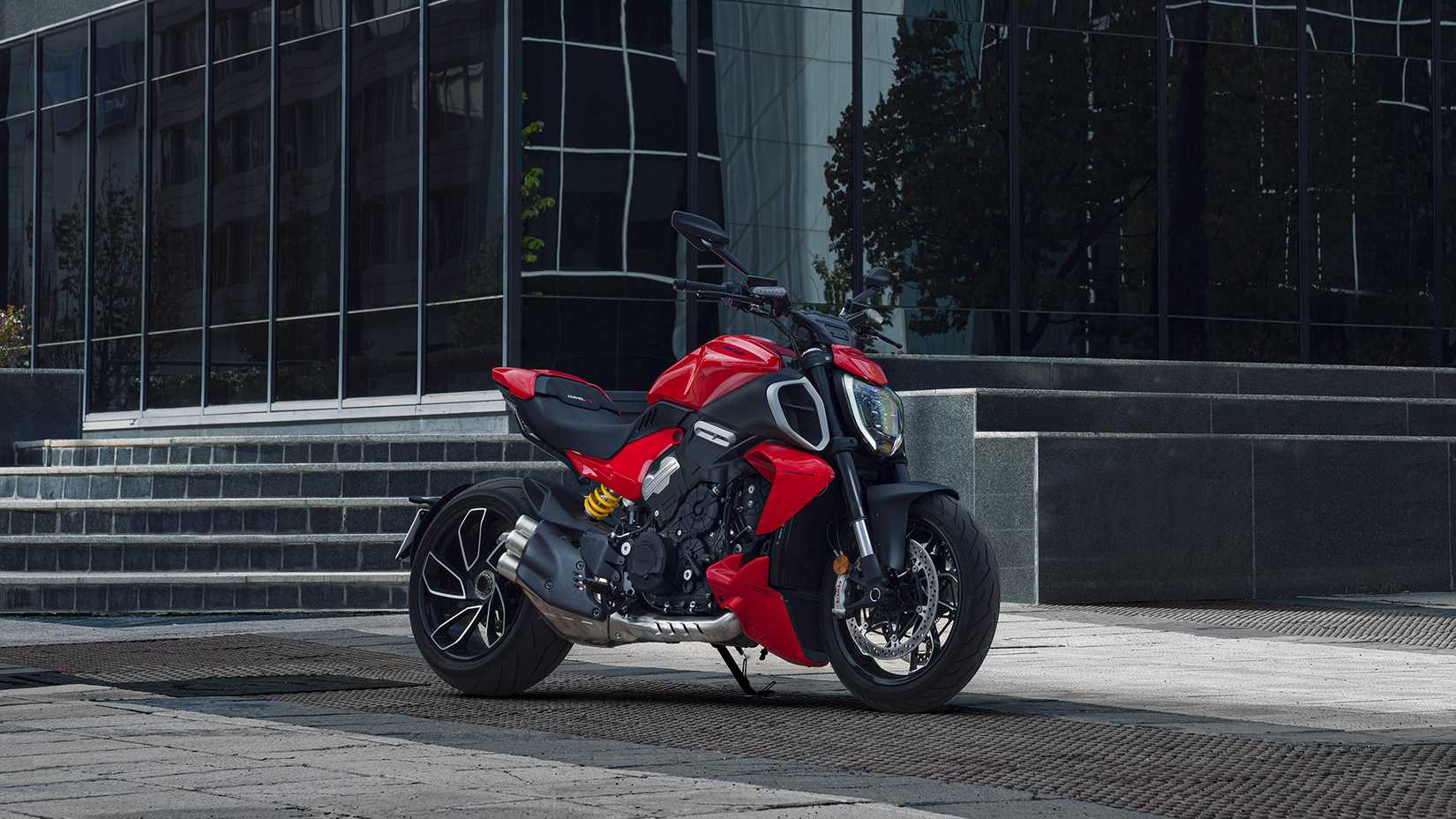 Red Ducati Diavel V4 parked 