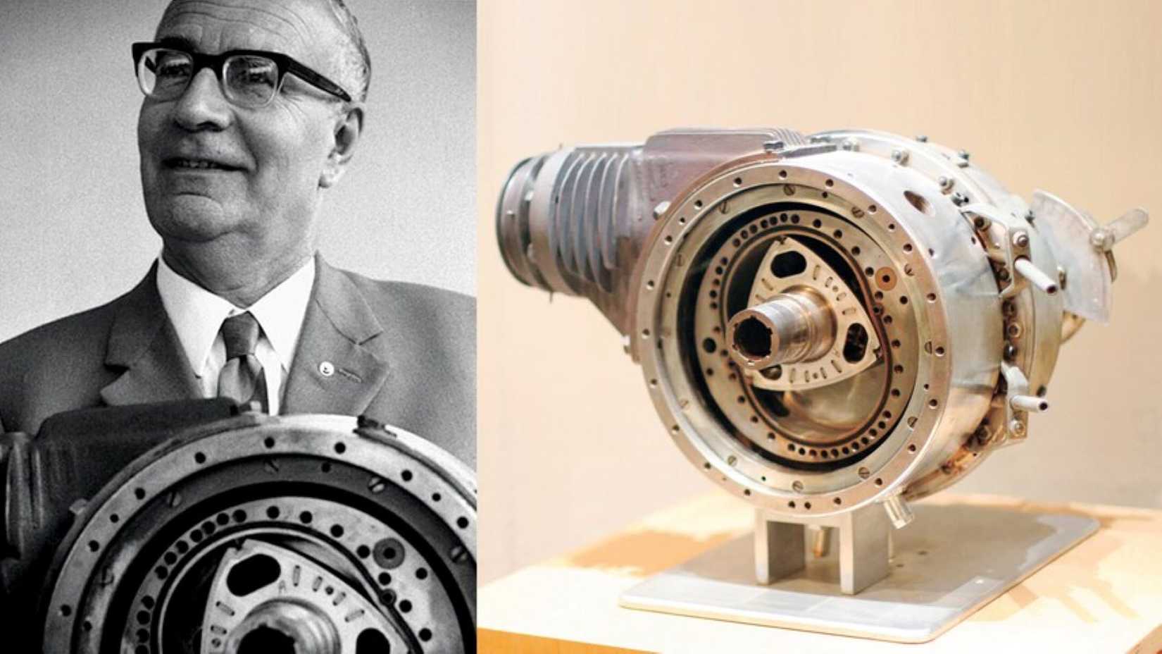 Um retrato de Felix Wankel ao lado de seu protótipo de motor rotativo DKM