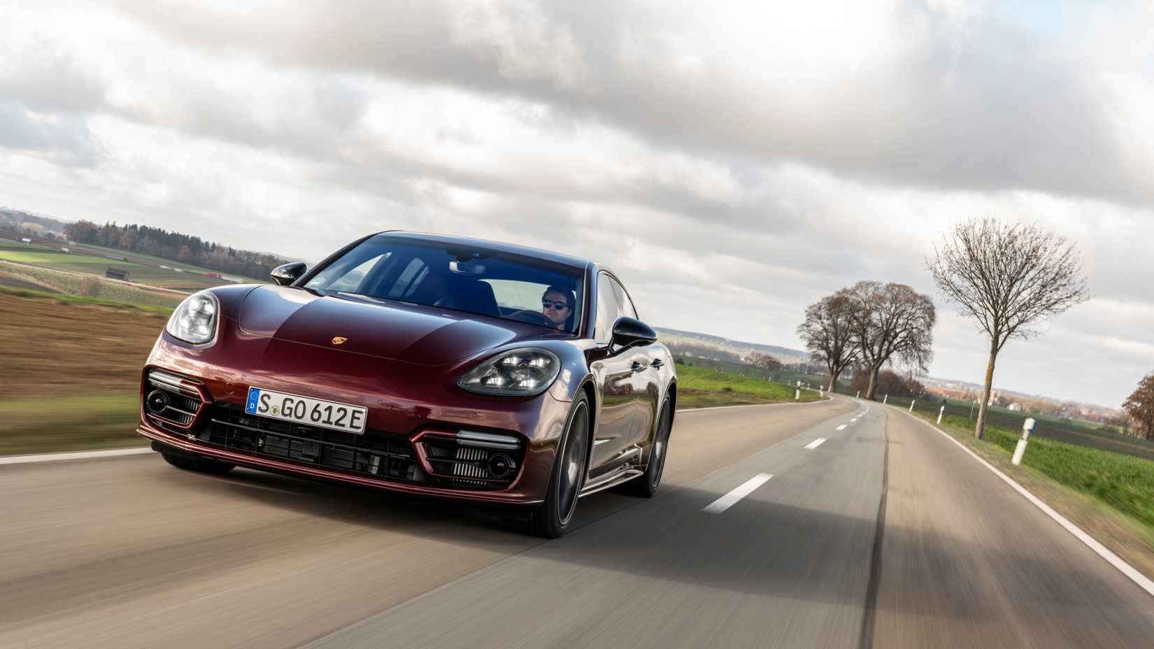 An action photo from the front of a Porsche Panamera 4 E-Hybrid