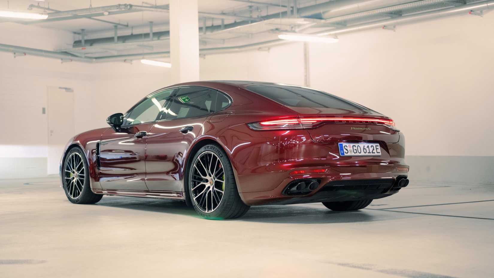 A rear 3/4 shot of a Panamera 4 E-Hybrid