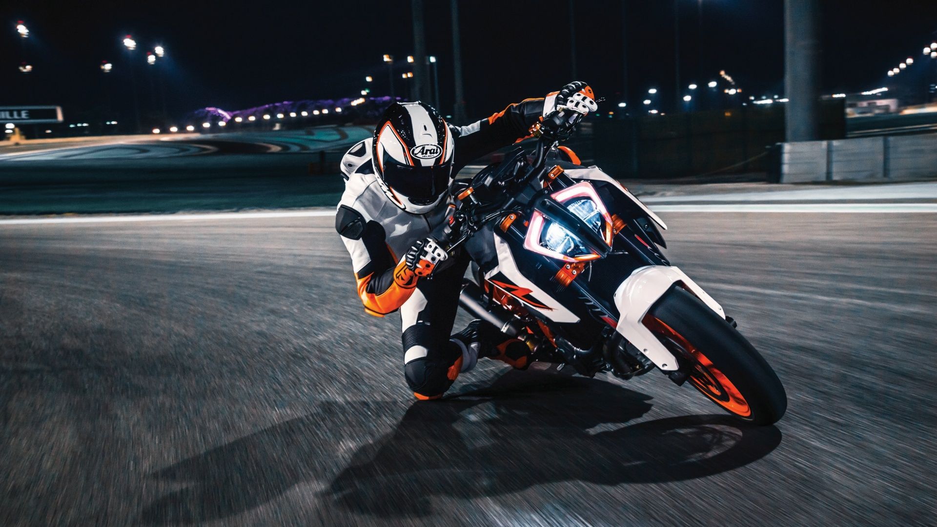 An action front shot of a 2017 KTM 1290 SUPER DUKE R