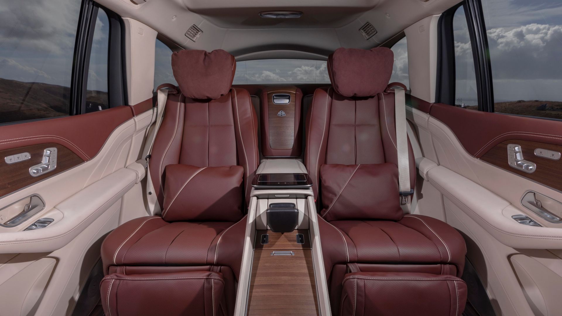 A interior shot of the rear seats of a Mercedes-Mayback GLS 600 4MATIC