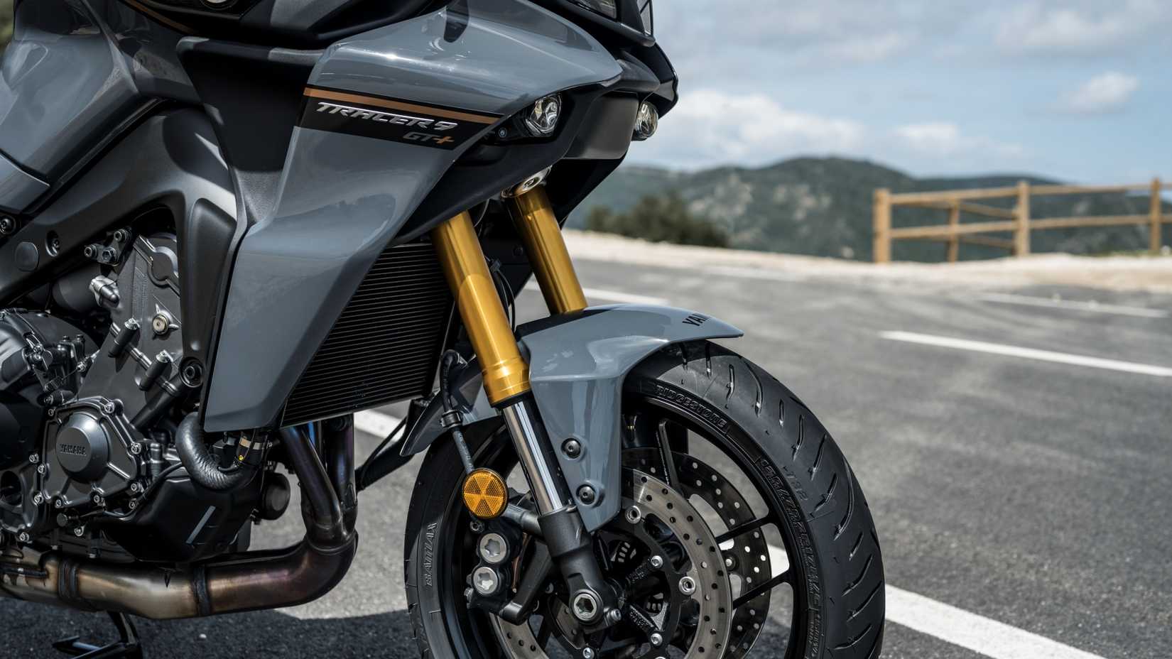 A side close up shot of the front of the 2023 Yamaha Tracer 9 GT+