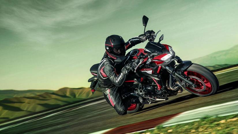 Kawasaki Z650 front cornering, third quarter cinematic shot