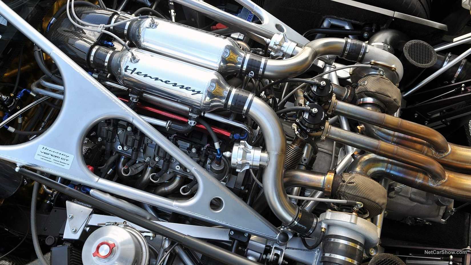 Top-view of the engine within a Hennessey Venom GT, showcasing the turbochargers and intake manifold