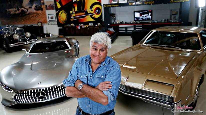 Jay Leno in his garage