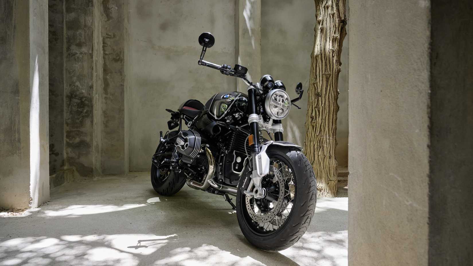 A static shot of BMW R nineT 100 Years on the side stand