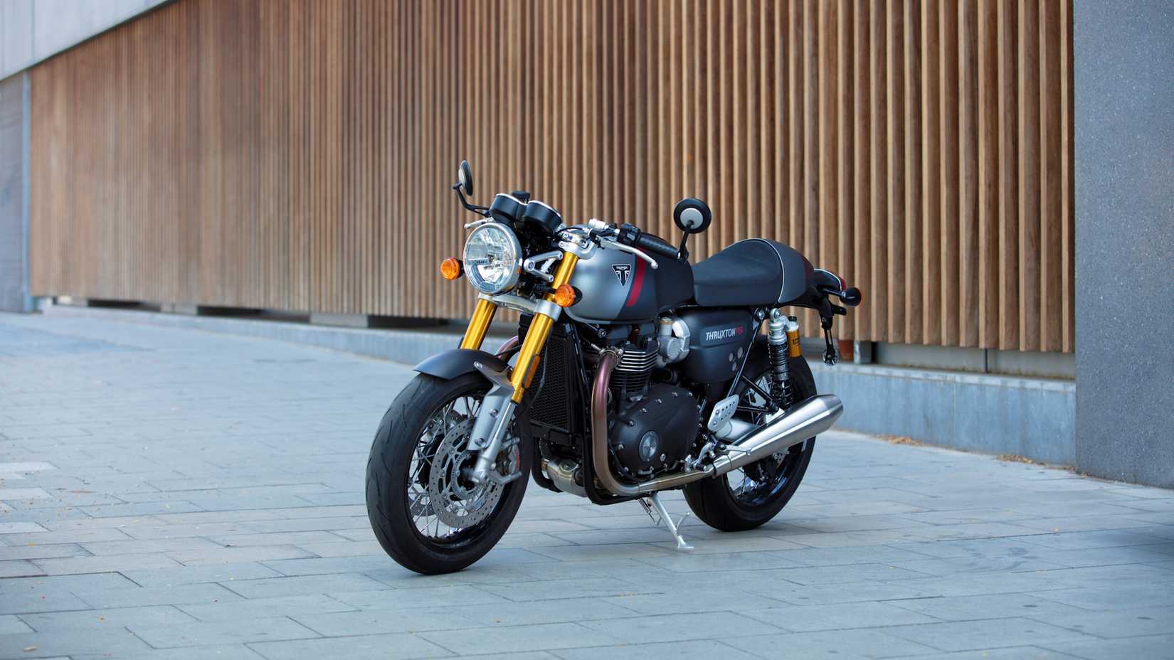 2020 Triumph Thruxton RS parked on a plaza
