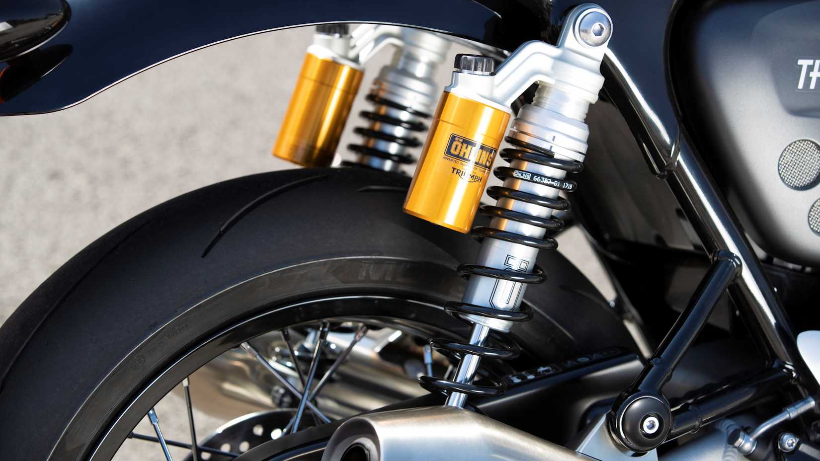 2020 Triumph Thruxton RS Ohlins shocks close-up detail