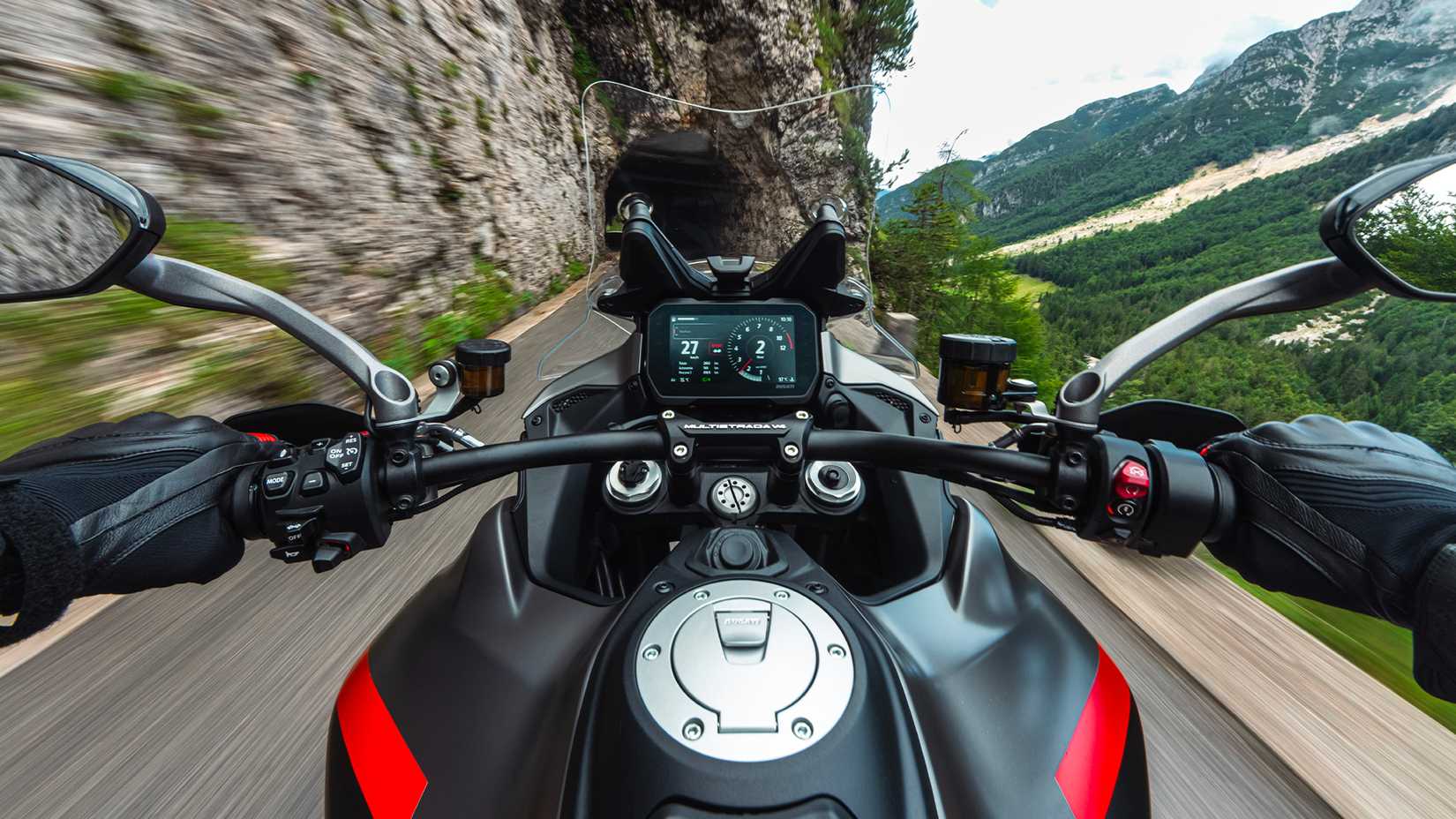 A shot of the cockpit of the 2024 Ducati Multistrada V4 Grand Tour while riding
