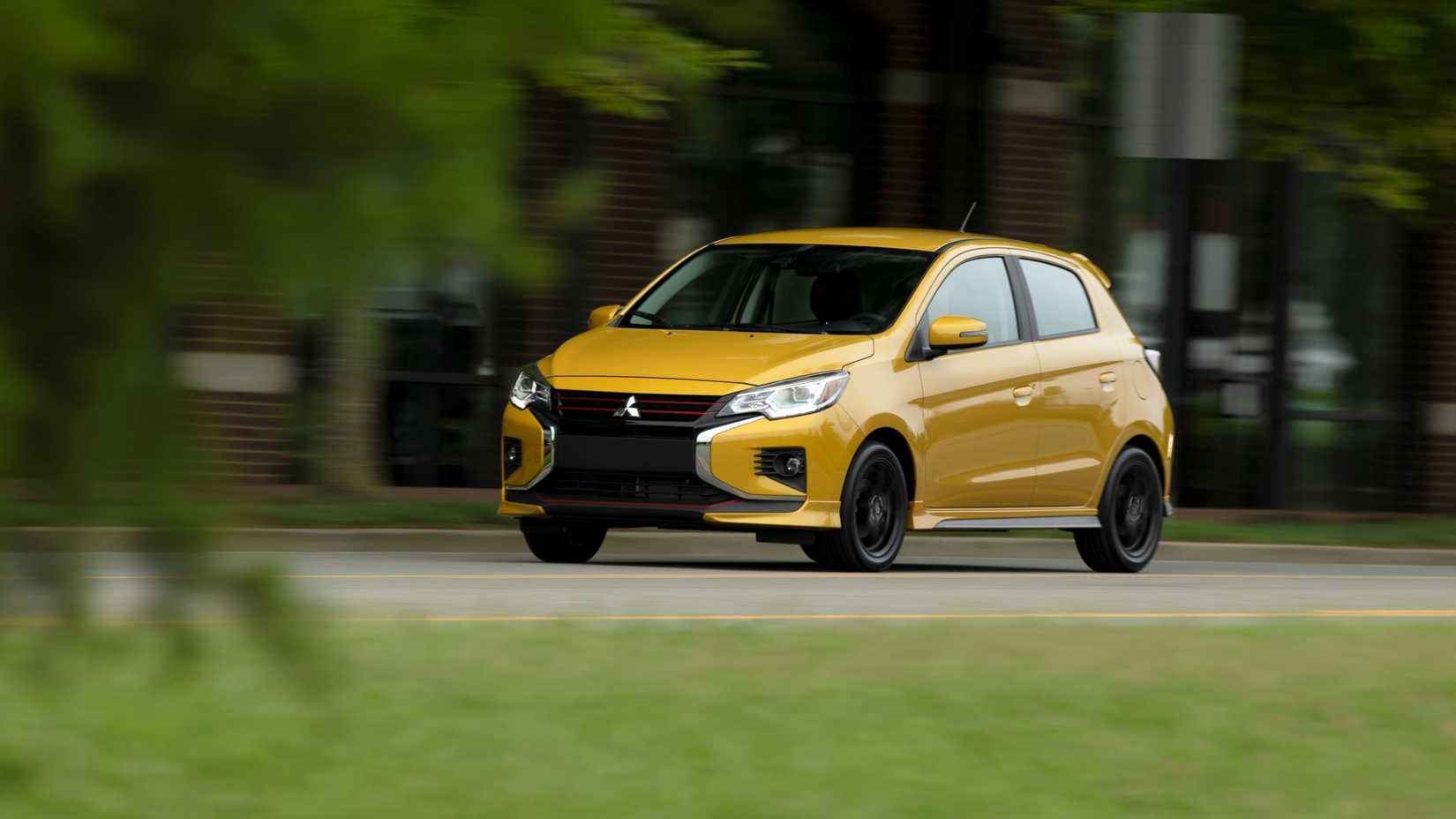 Front 3/4 action shot of a 2021 Mitsubishi Mirage