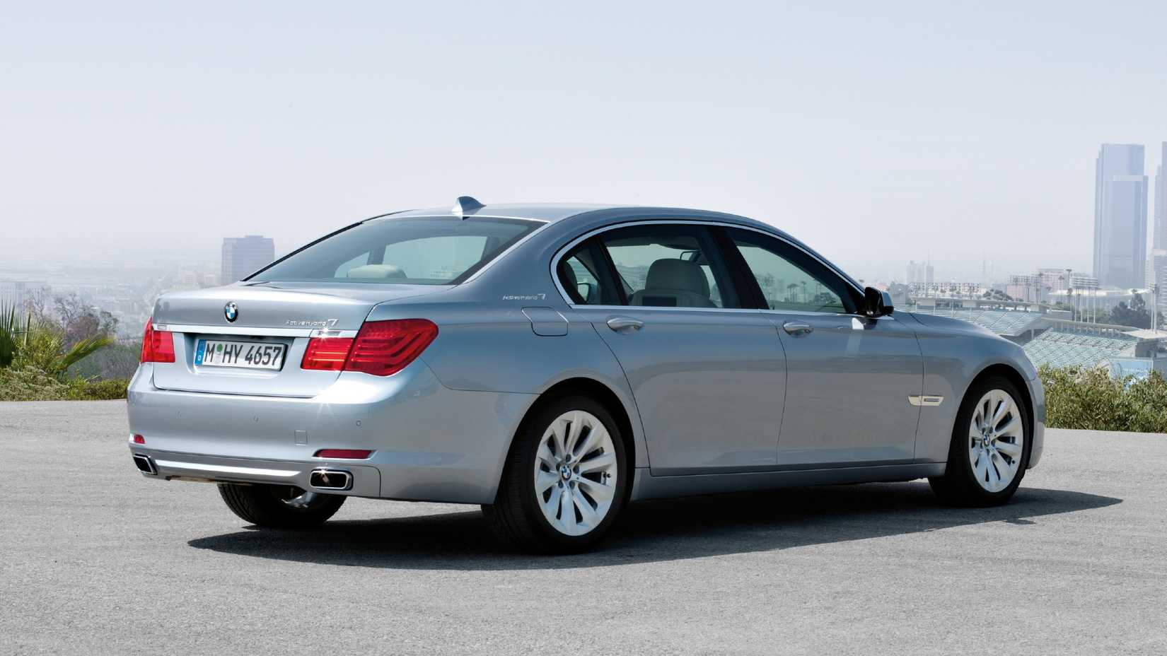 Rear three-quarter shot of Silver BMW ActiveHybrid 7
