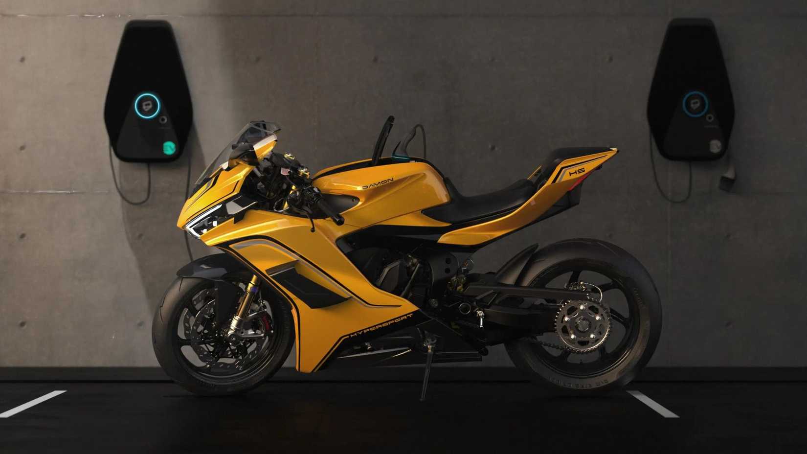Vista lateral amarela do Damon Hypersport Premier em uma garagem