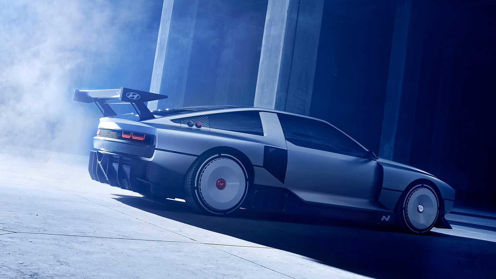 Rear 3/4 view of a 2023 Hyundai N74 Vision concept car