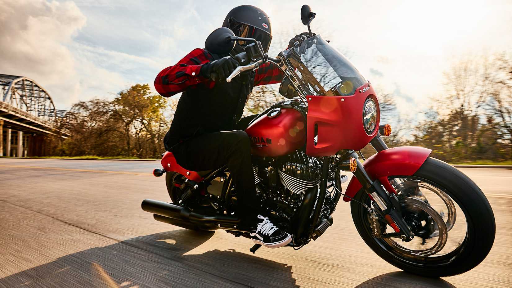 Rider on an accessorized red Indian Sport Chief