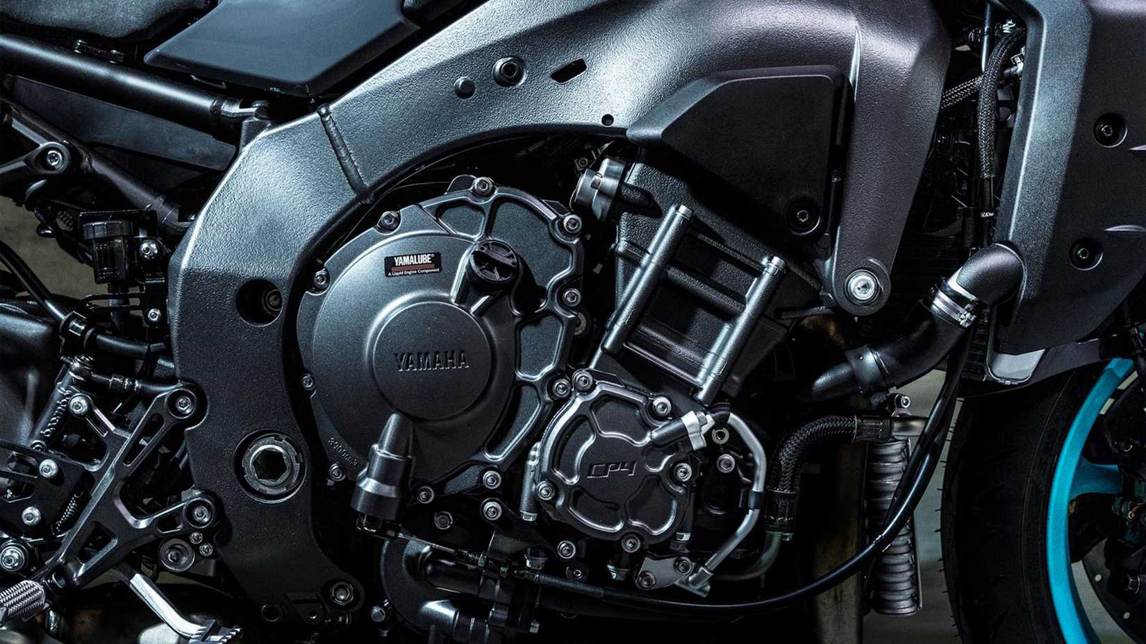 Detailed close up shot of the engine crank case of a 2023 YAMAHA MT-10 naked bike