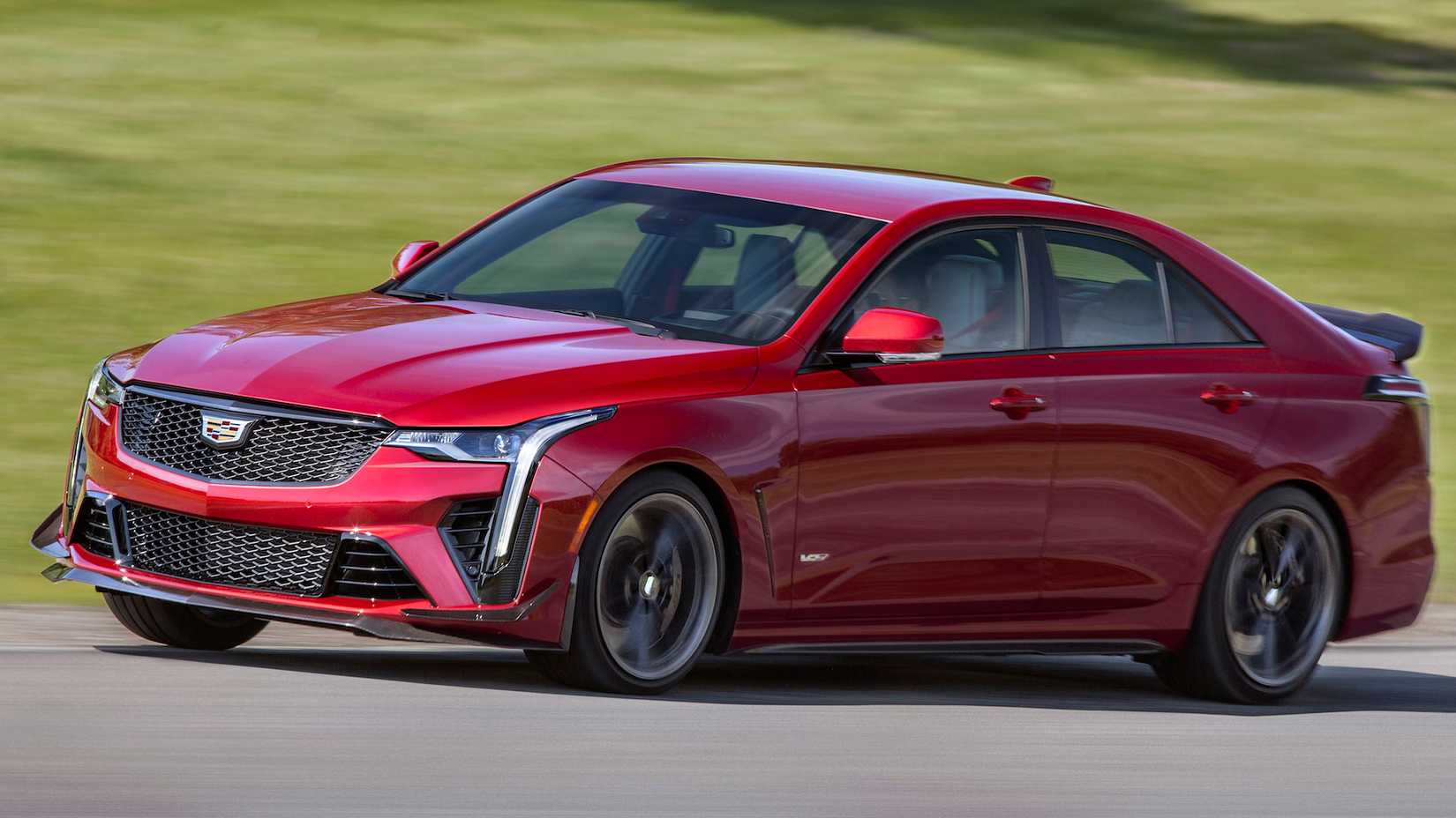 Action shot of a red Cadillac CT4-V Blackwing accelerating