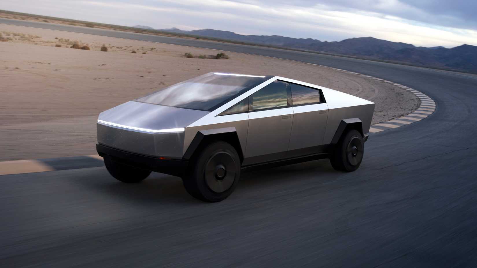 Tesla Cybertruck action shot on a test track