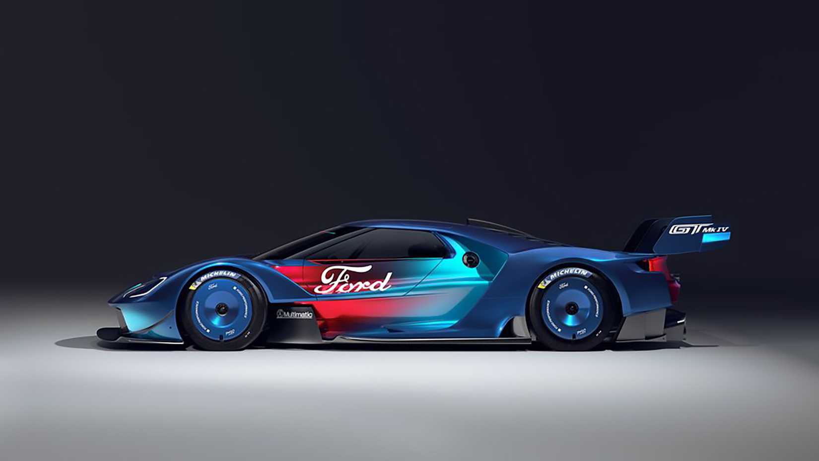O Ford GT MK IV azul e vermelho 2023
