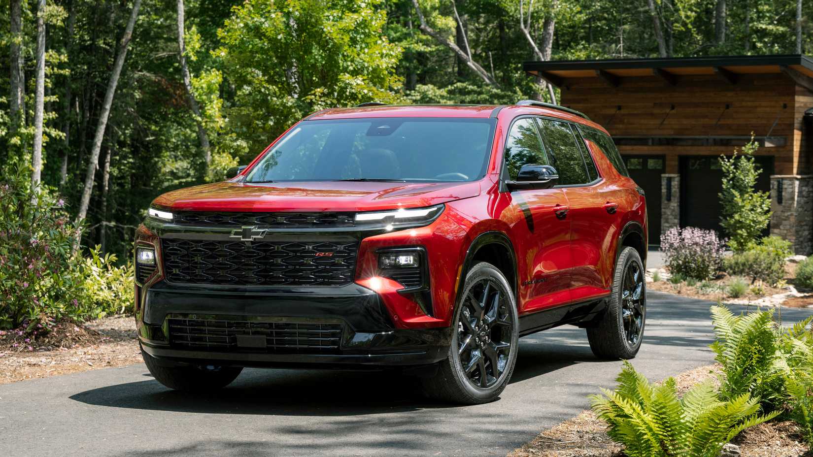 Red 2024 Chevrolet Traverse RS Parked Front 3/4 View