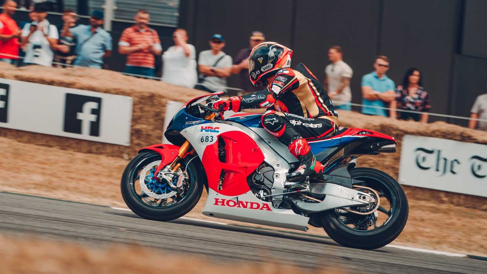 A racer riding the Honda RC213V-S at Goodwood Festival of Speed 2018